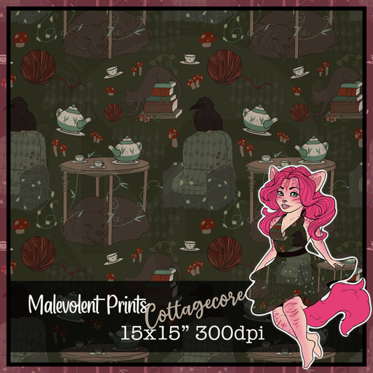 Illustrated pattern with cats, yarn, a bear, and a raven in a cottagecore style on a dark green background