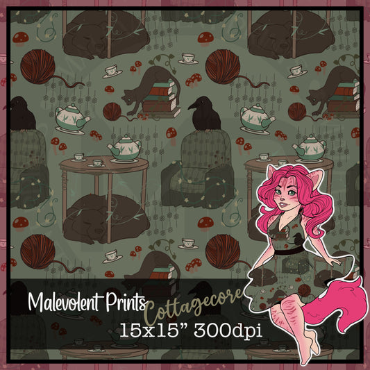 Illustrated pattern with cats, yarn, a bear, and a raven in a cottagecore style on a light green background