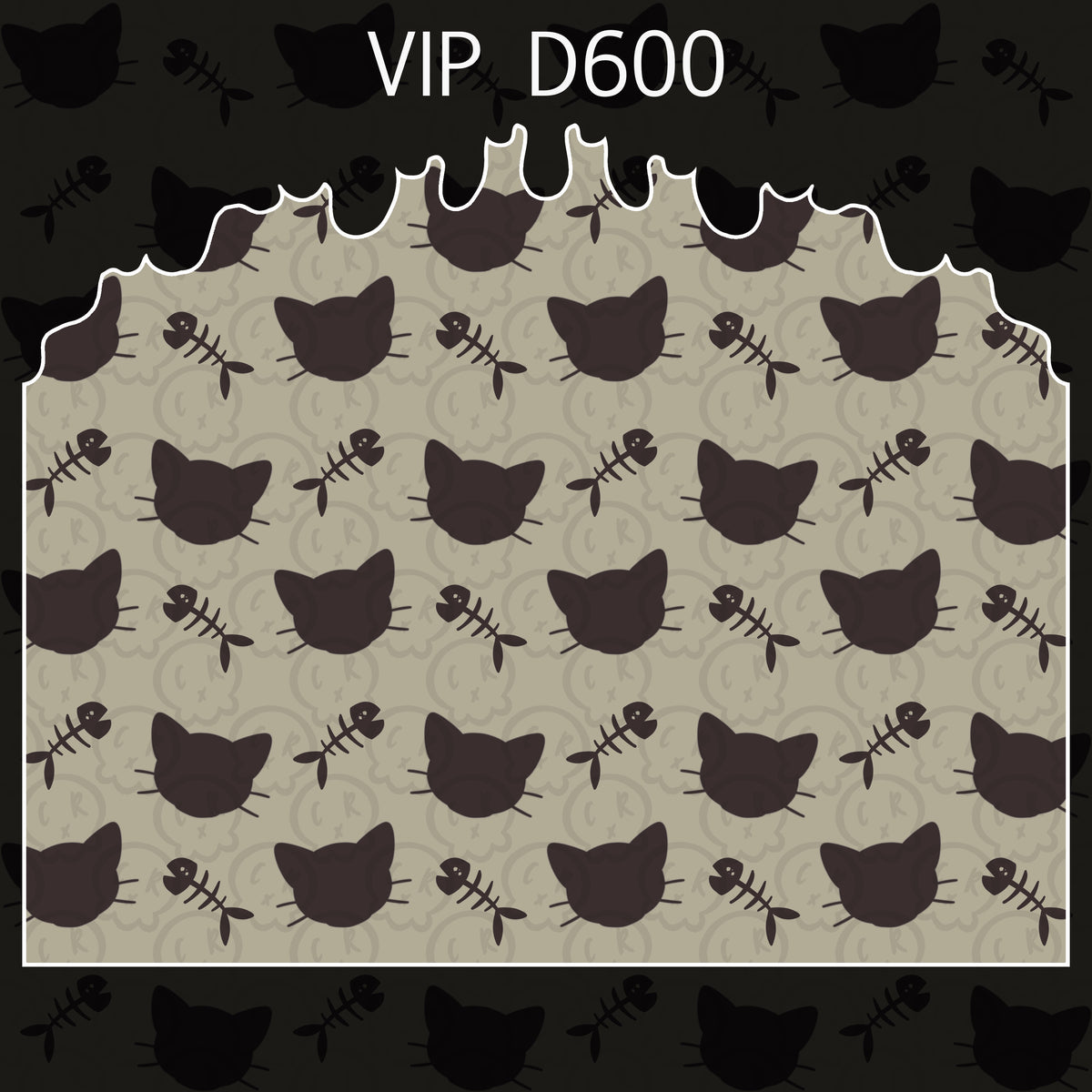 Pattern with cat heads and fish bones on a beige background, labeled 'VIP D600'.