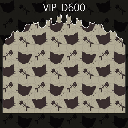 Pattern with cat heads and fish bones on a beige background, labeled 'VIP D600'.
