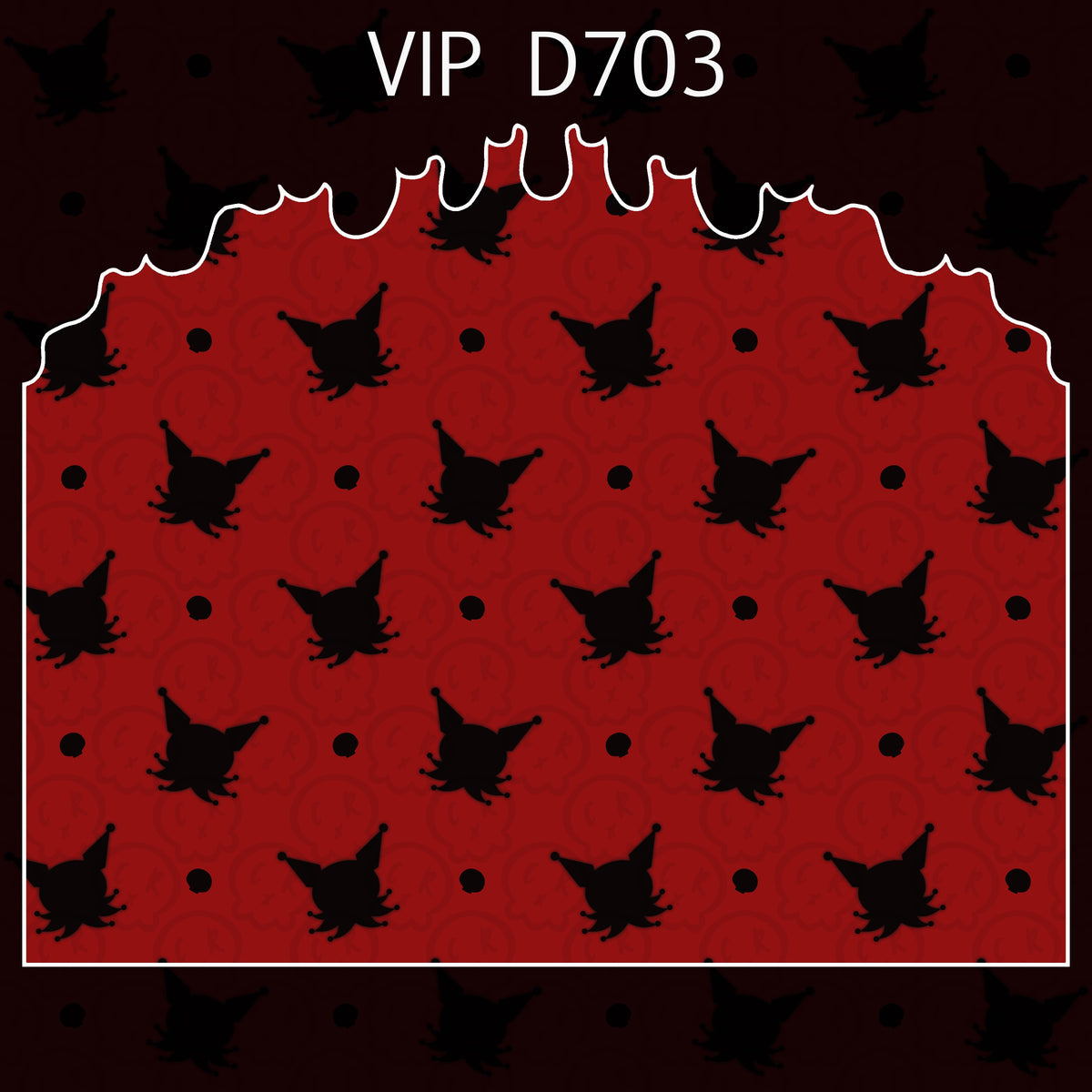 Red patterned design with black shapes on a dark background, featuring 'VIP D703' text.